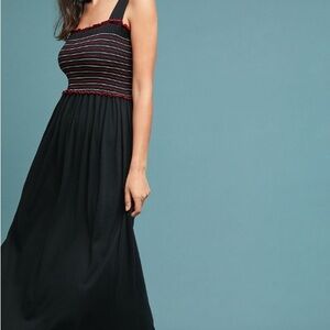 NWT ANTHROPOLOGIE | Catherine Smocked Black Cotton Maxi Dress Size XXS